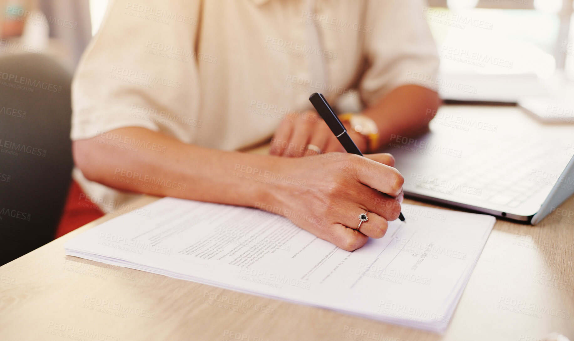 Buy stock photo Closeup, laptop and businesswoman with paperwork for signature, agreement and compliance for loan. Office, female person and hands with legal document for contract, policy information and title deed