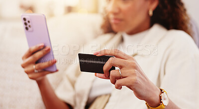 Buy stock photo Home, hands and woman with cellphone for credit card, online shopping and transaction for payment. House, female person and smartphone with mobile app for ecommerce, personal info or digital purchase