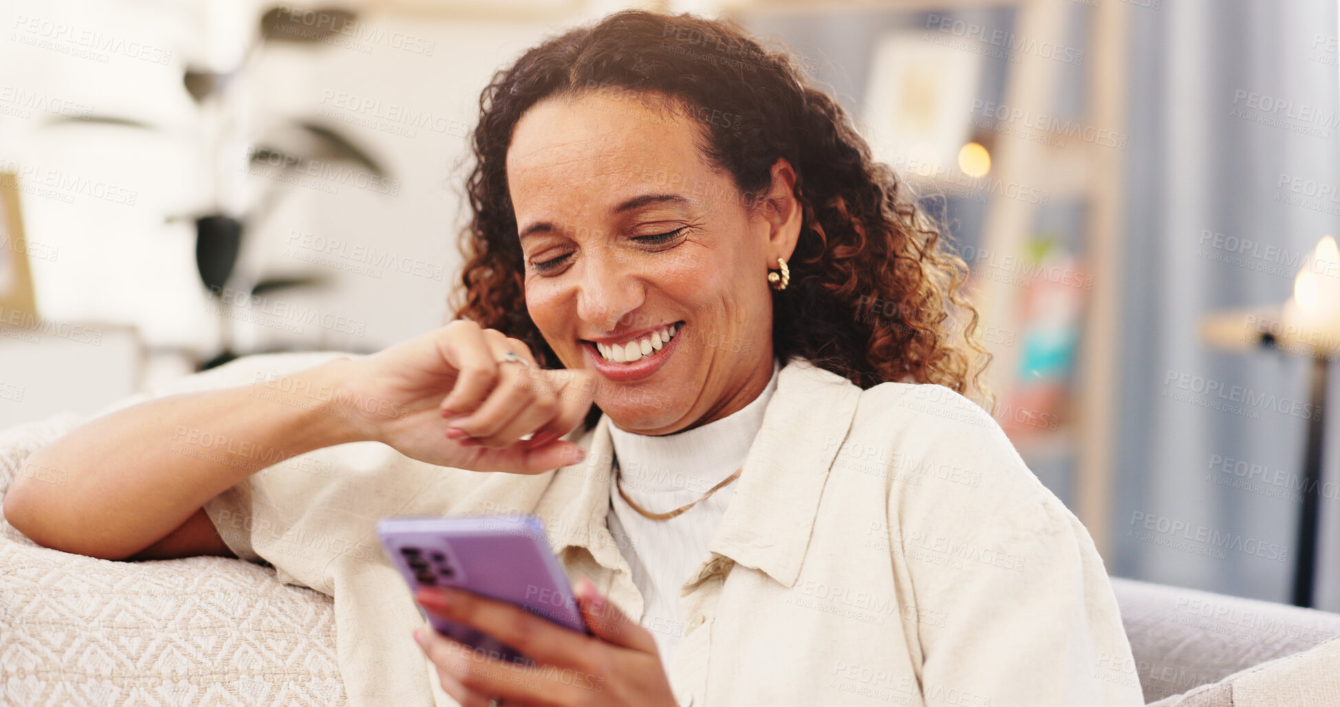 Buy stock photo Home, couch and happy woman with smartphone for chat, text message and flirting with online partner. House, female person and cellphone with mobile app for social media, dating website and connection