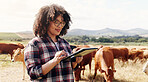 Tablet, woman and farmer in field with livestock for agriculture, eco friendly and sustainability business. Digital technology, nature and supplier checking cattle stock for animals in countryside.