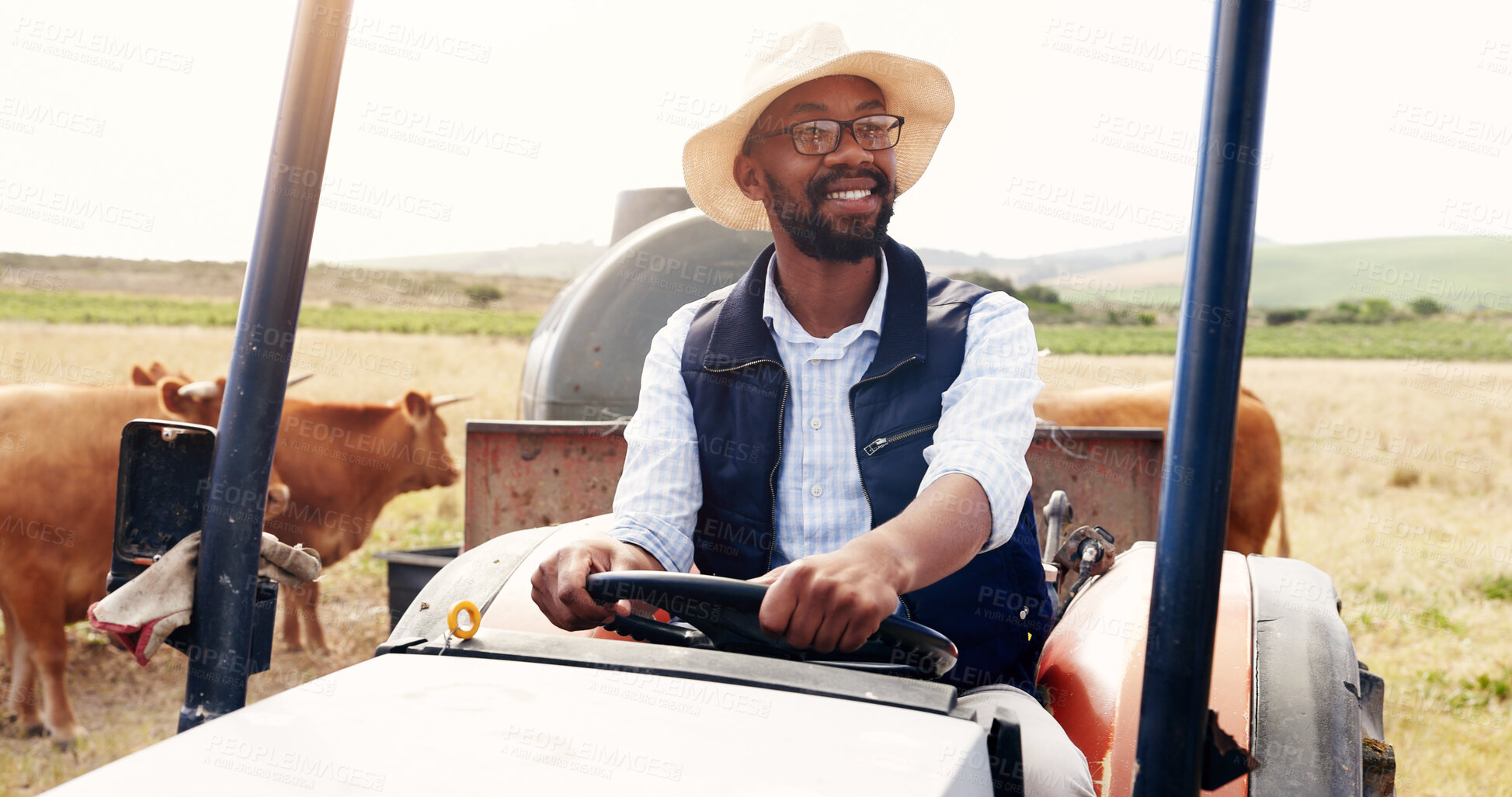 Buy stock photo Agriculture, farm and thinking with black man on tractor outdoor in field for organic sustainability. Beef, cows and dairy with happy farmer in countryside for future, idea or vision of net zero