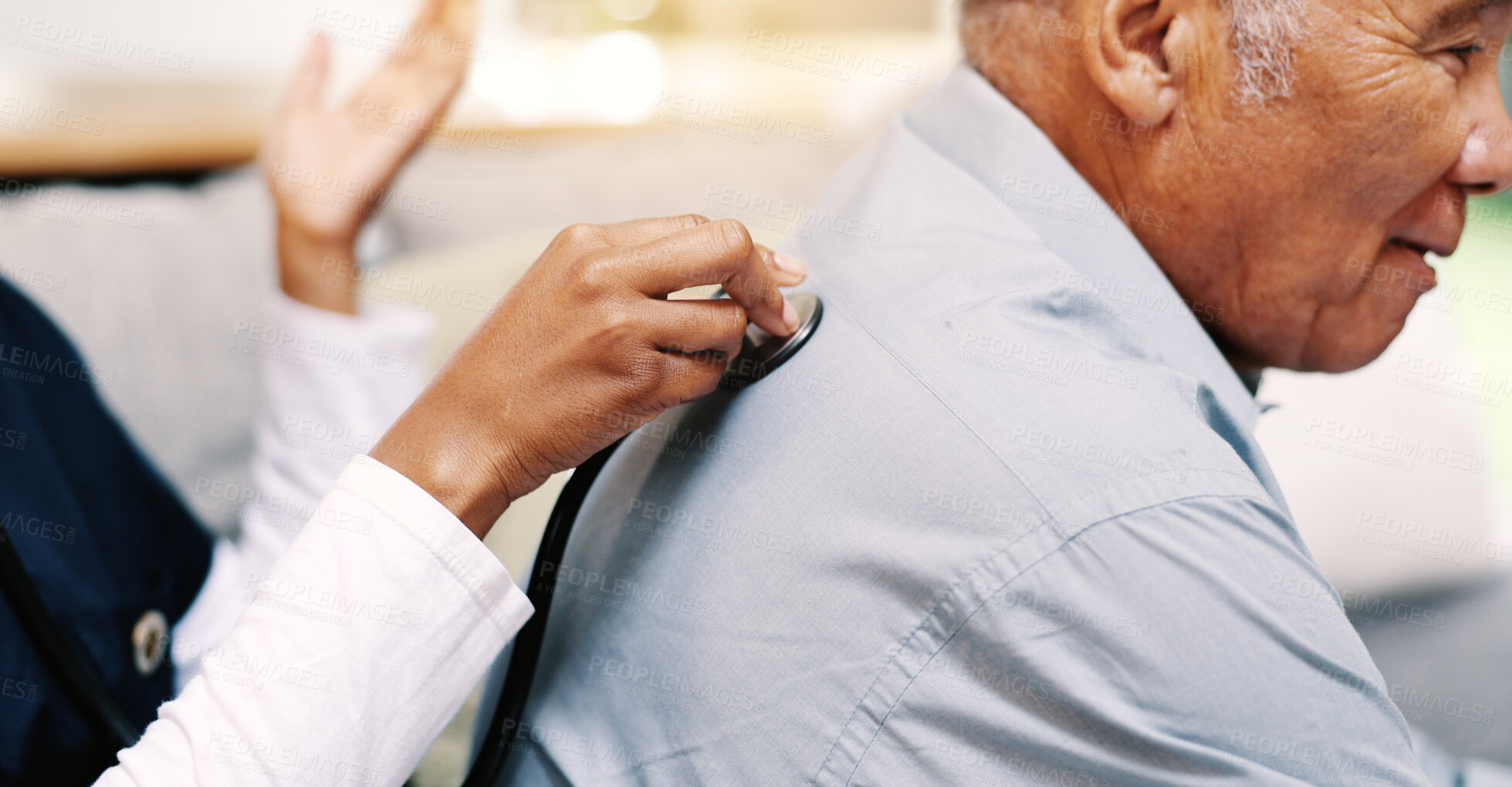 Buy stock photo Healthcare, senior man and nurse with stethoscope for respiratory health, wellness and heartbeat. Clinic, male patient and hands of cardiologist for medical checkup, appointment and cardiac condition