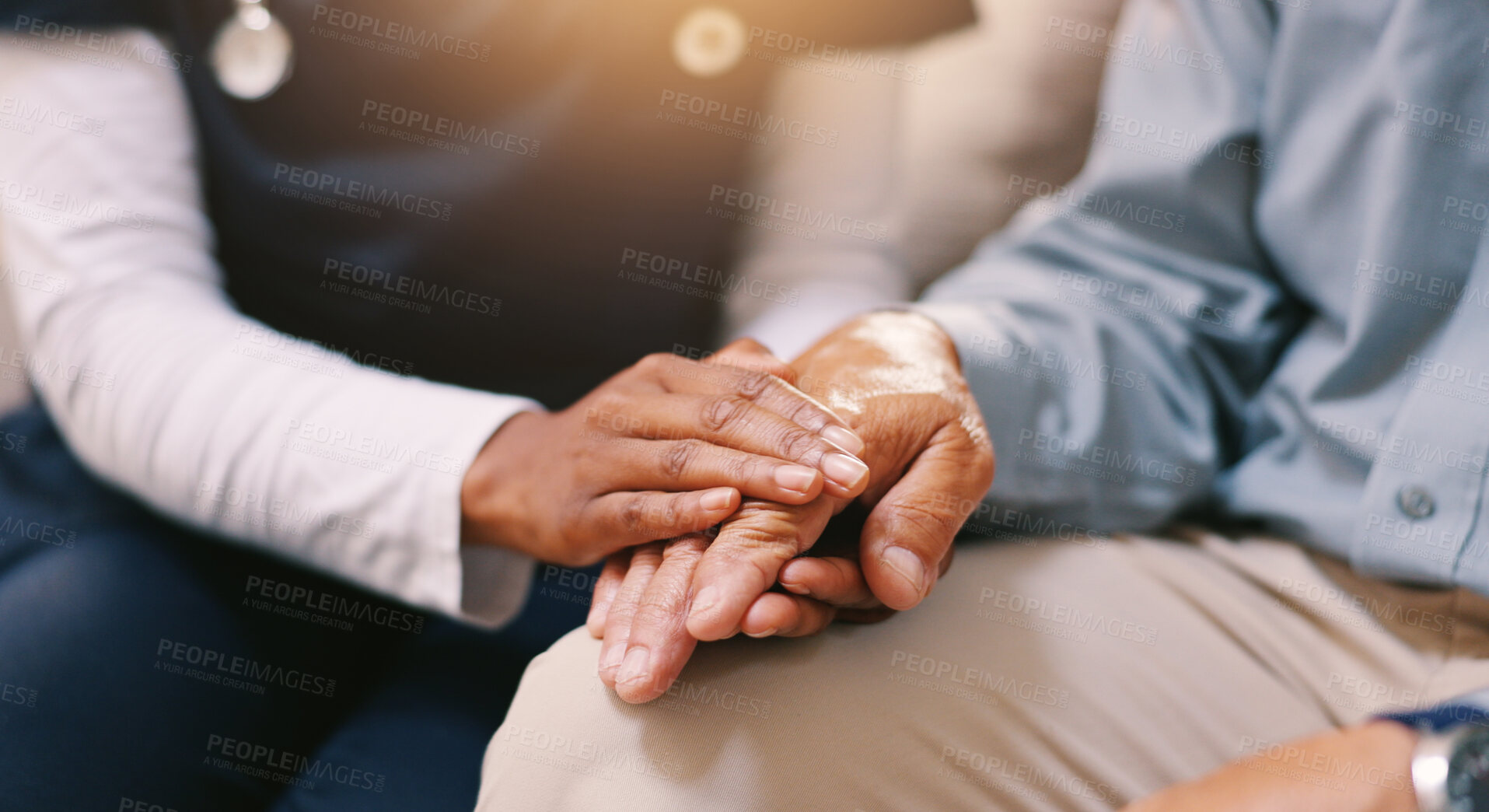 Buy stock photo Support, senior patient and nurse with holding hands for empathy, assurance or advice for diagnosis results. Closeup, elderly person or caregiver in healthcare for kindness, mental health or wellness