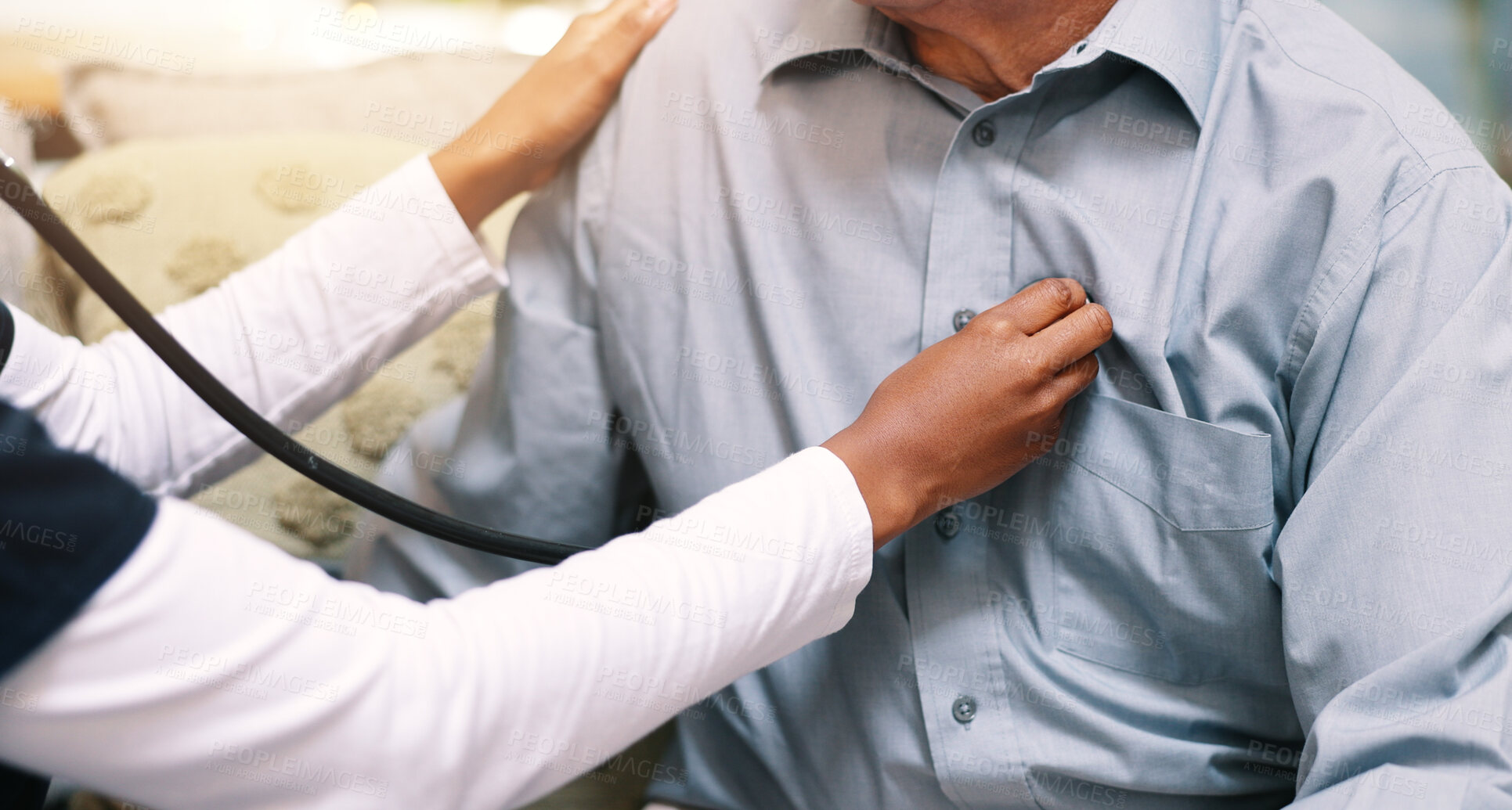 Buy stock photo Healthcare, senior patient and nurse with stethoscope for respiratory health, wellness and heartbeat. Chest, male person and hands of cardiologist for medical checkup, listening and cardiac condition