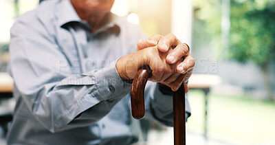 Buy stock photo Outdoor, hands and senior person with walking stick for balance, helping and relax in retirement. Closeup, male patient and old man with wooden cane for arthritis, mobility support and osteoporosis