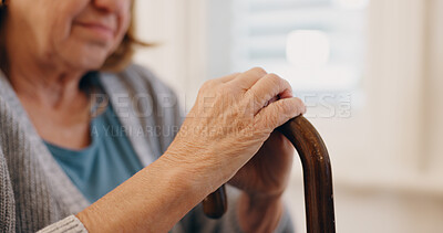 Buy stock photo Home, hands and senior woman with walking stick for balance, helping and relax in retirement. Closeup, wooden cane and female person with disability for arthritis, mobility support and osteoporosis