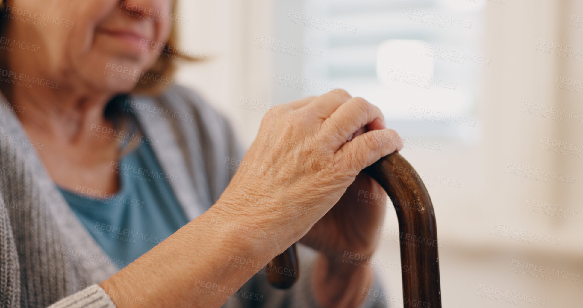 Buy stock photo Home, hands and senior woman with walking stick for balance, helping and relax in retirement. Closeup, wooden cane and female person with disability for arthritis, mobility support and osteoporosis