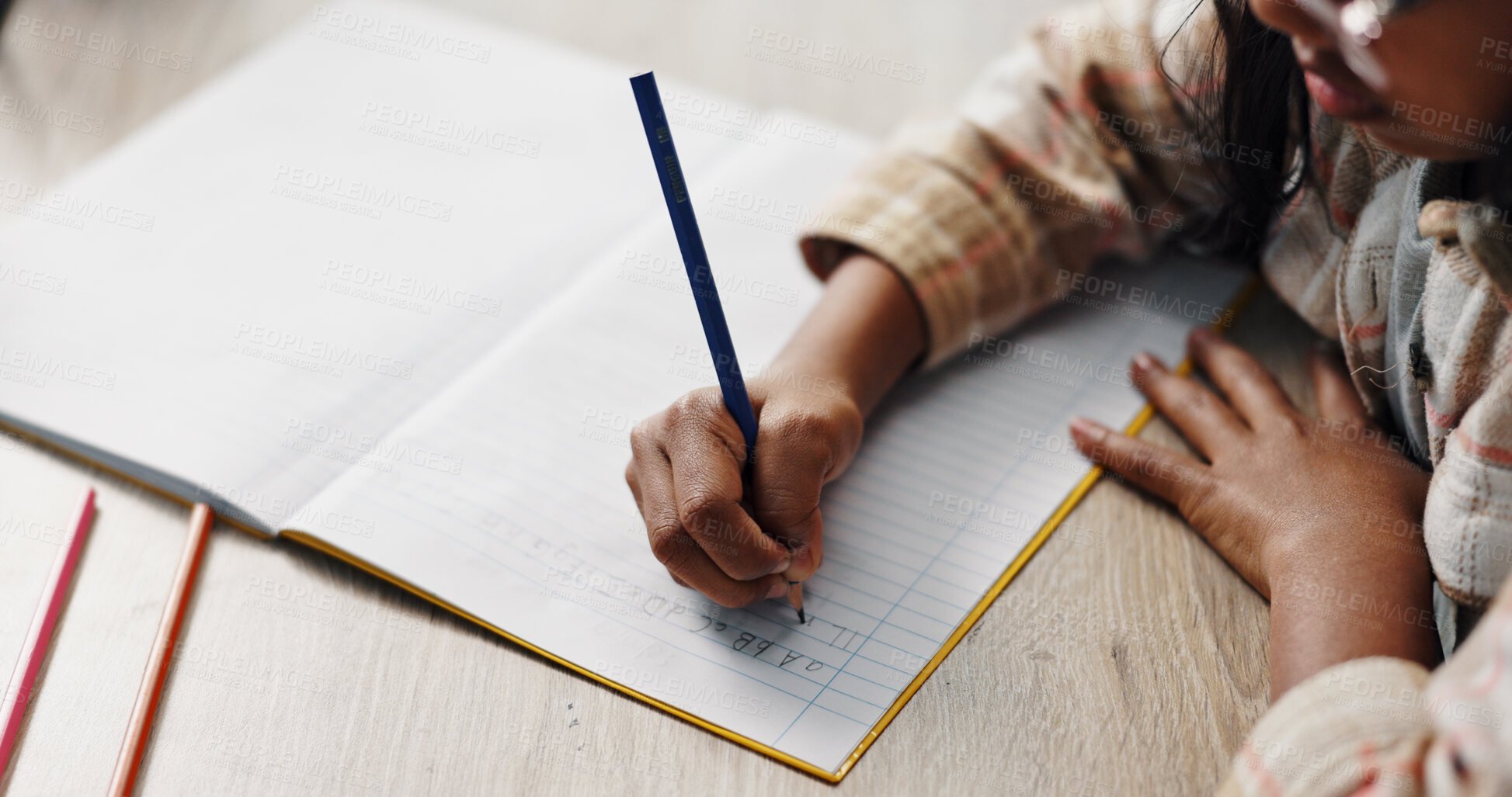 Buy stock photo Hands, girl and kid with homework, writing and education with knowledge, learning and notebook. Apartment, student and childhood with creativity, pencils and growth with development, study or drawing