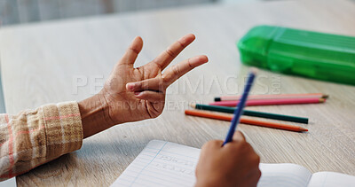 Buy stock photo Hands, counting and child in classroom, numbers and writing of homework, notebook and learning in elementary. Back to school, growth and development of kid, studying and test of math and knowledge