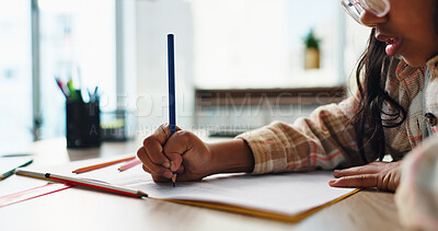 Buy stock photo Hands, girl and kid with homework, learning and education with knowledge, drawing and notebook. Apartment, student and childhood with creativity, pencils and growth with development, study or writing