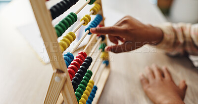 Buy stock photo Hands, counting and child in classroom, abacus beads and learning of math, growth and development. Education, back to school and practice for test, numbers and student in elementary and knowledge