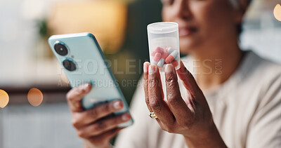 Buy stock photo Hands, medicine and phone with woman in home to search for directions, dosage or side effects. Container, healthcare and medical with person in apartment, reading information on mobile for pills