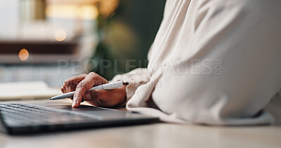 Buy stock photo Business, hands and woman with laptop, typing and internet with email, connection and website info. Professional, lawyer and attorney with computer, keyboard and research for legal aid and planning