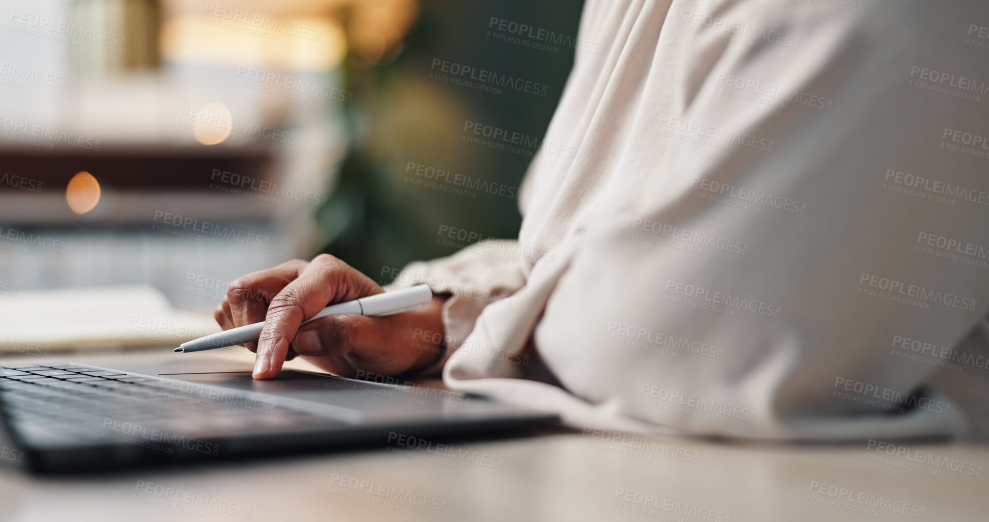 Buy stock photo Business, hands and woman with laptop, typing and internet with email, connection and website info. Professional, lawyer and attorney with computer, keyboard and research for legal aid and planning