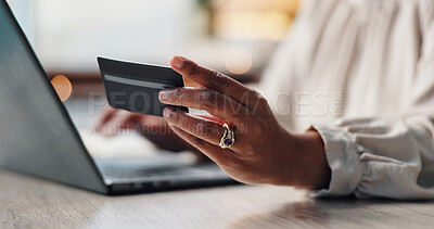 Buy stock photo Hands, home and woman with laptop, credit card and online shopping with banking, buying and finance. Person, closeup or lady with computer, payment and savings with digital app or ecommerce in lounge