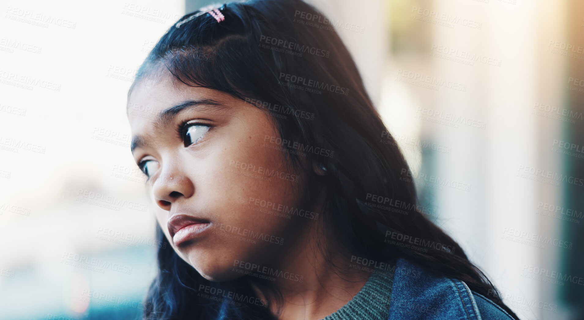 Buy stock photo Stress, thinking and girl child in therapy consultation for trauma, abuse or support at clinic. Mental health, psychology and sad kid in counseling for growth, development or professional advice