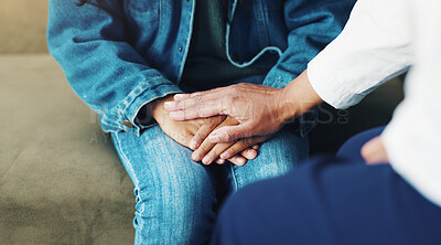 Buy stock photo Comfort, kid and holding hands with psychologist for help, care and kindness in clinic. Support, therapy and people together closeup for mental health, childhood trauma and depression from bullying