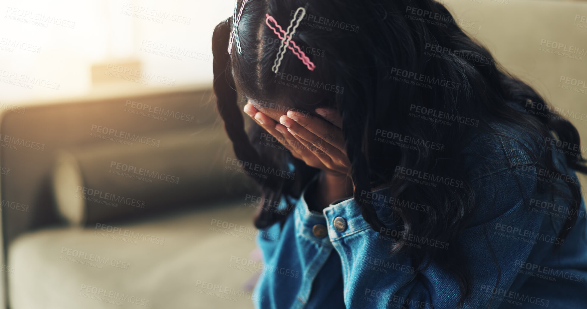 Buy stock photo Crying, anxiety and girl child in therapy for consultation in trauma, abuse or support at clinic. Mental health, psychology and scared kid in counseling for growth, development or professional advice