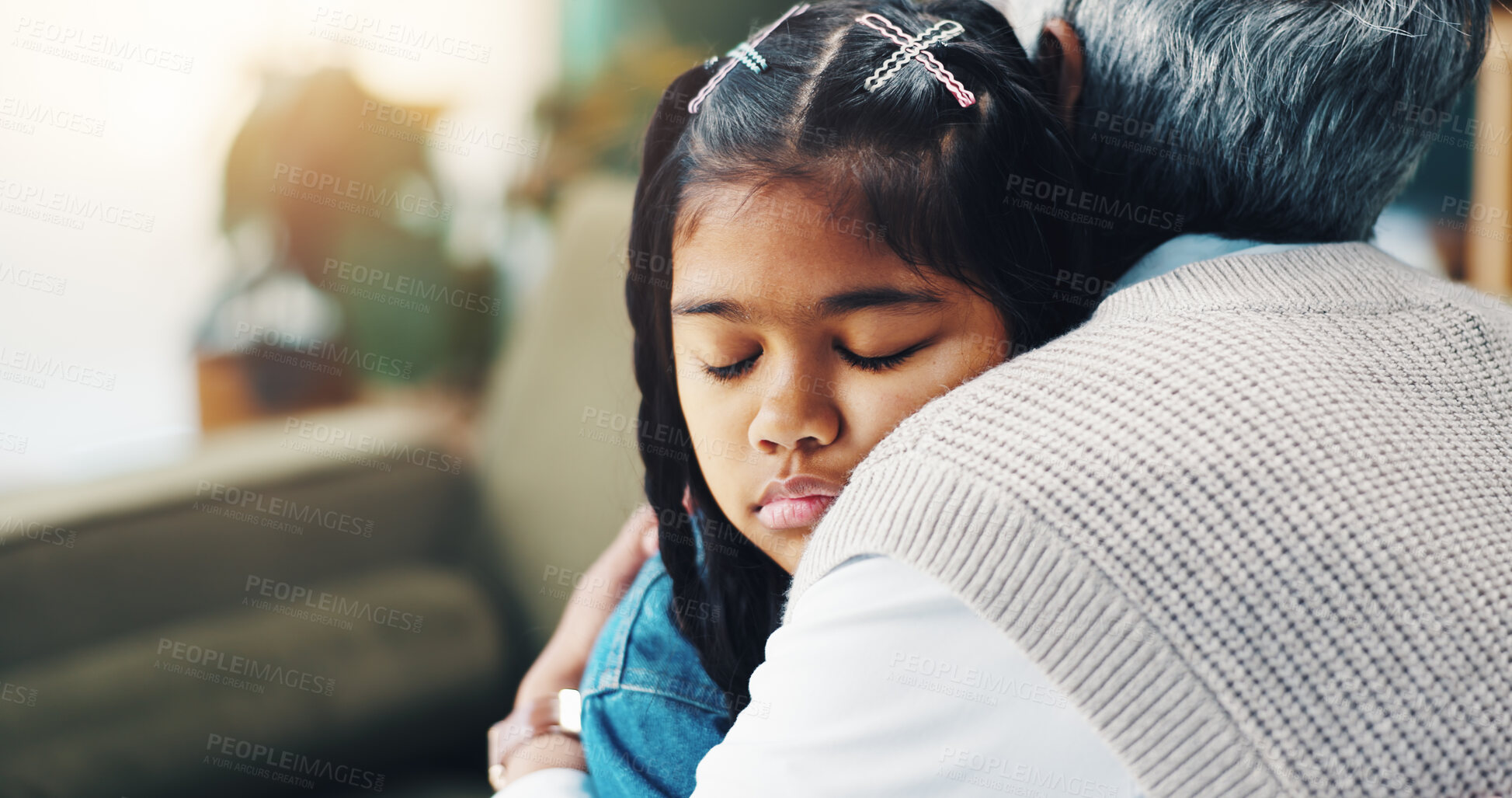 Buy stock photo Hug, therapist and girl child in consultation for support, trust and professional care at pediatric clinic. Embrace, psychologist and sad kid in counseling for growth, development or mental health