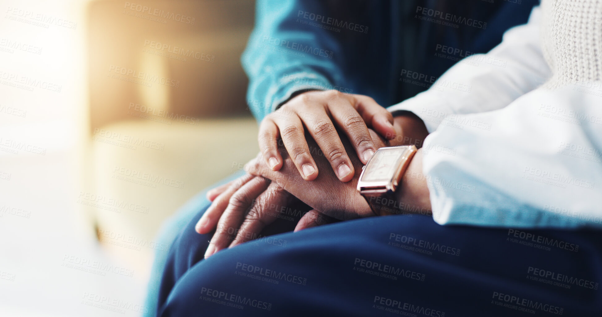 Buy stock photo Support, child and holding hands with psychologist for care, faith or trust in clinic. Comfort, therapy or people together closeup for hope, empathy or help with mental health or depression diagnosis