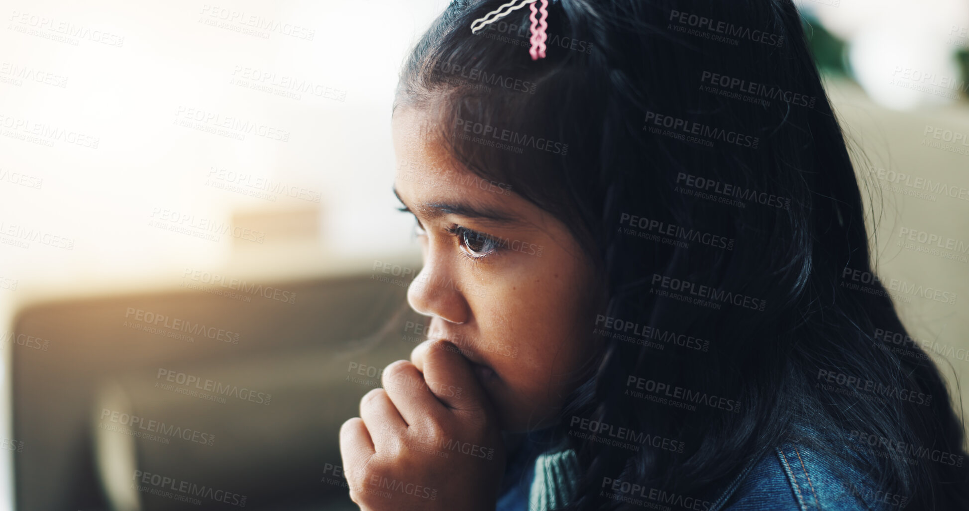 Buy stock photo Trauma, anxiety and girl child in therapy for consultation in stress, abuse or support at clinic. Mental health, psychology and scared kid in counseling for growth, development or professional advice