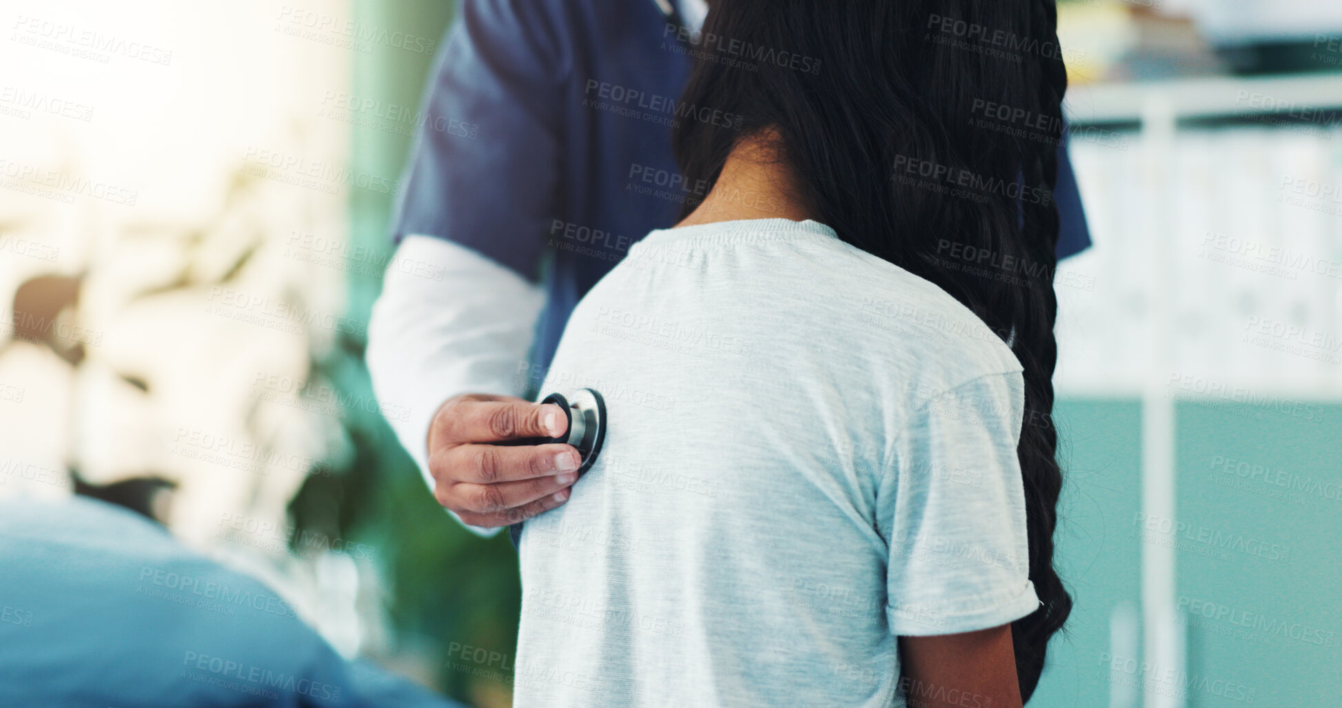 Buy stock photo Doctor, child and lungs check with breathing, listening and medical assessment with stethoscope. Hospital, pediatrician and girl at clinic with wellness and consultation with asthma and exam