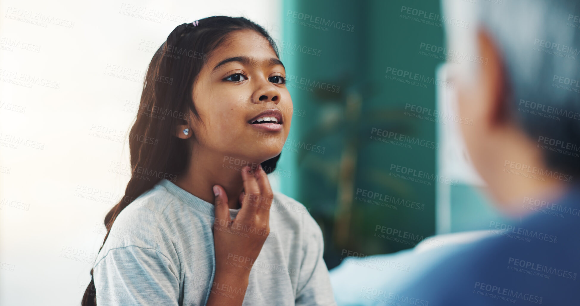 Buy stock photo Doctor, child and health check with talking, care and medical assessment for sore throat. Hospital, pediatrician and young girl with clinic, wellness and consultation of patient with asthma and help