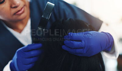 Buy stock photo Hands, medical and scalp of child with doctor in hospital for appointment, checkup or treatment. Hair, head or healthcare with patient and trichologist in clinic to search for lice, nits or scabies