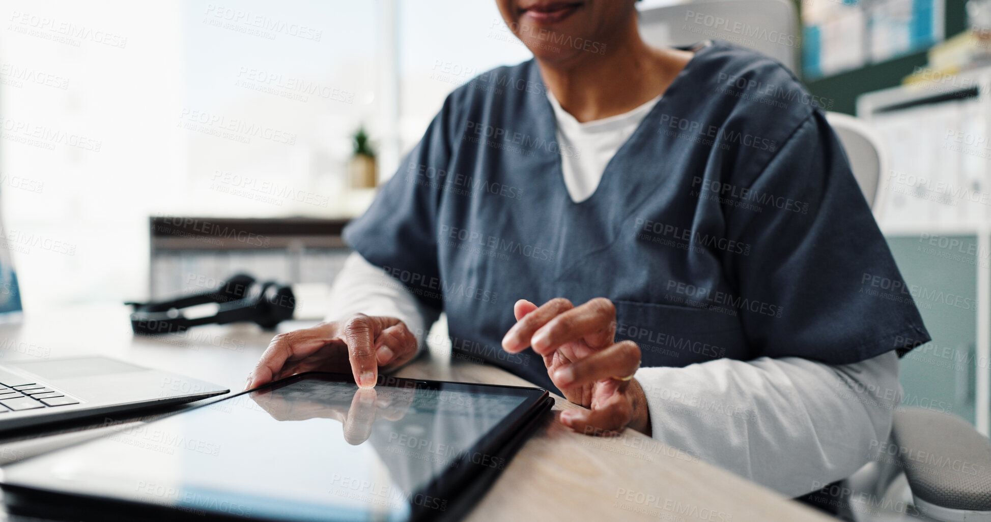 Buy stock photo Hands, nurse and typing on tablet for healthcare research, info and check report in clinic. Screen, tech and closeup of medical worker or person writing on wellness forum, email or update schedule