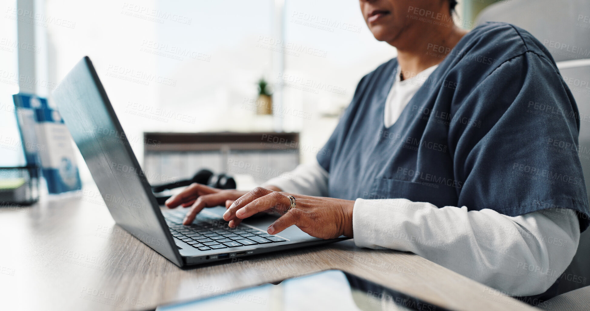 Buy stock photo Hands, nurse and typing on laptop for healthcare research, info and check report in clinic. Keyboard, computer and  medical worker or woman writing on wellness forum, email or update schedule at desk