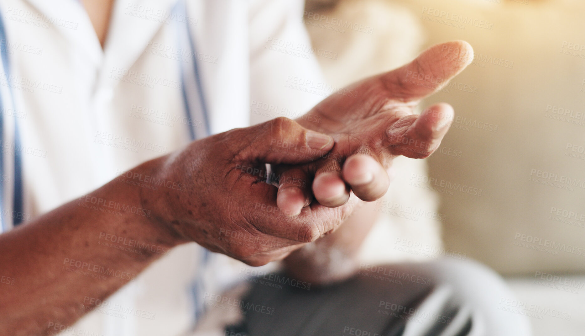 Buy stock photo Hands, senior man and arthritis or pain at nursing home for retirement, support and help. Male person, closeup and muscle pain as pensioner with old age sickness, illness and inflammations or disease