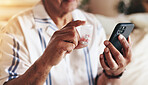 Hands, phone and pills for healthcare, wellness and reminder with pharmacy app problem, sick or pain. Elderly person, mobile and medicine for retirement, health and illness with diabetes or arthritis