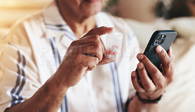 Buy stock photo Hands, phone and pills for healthcare, wellness and reminder with pharmacy app problem, sick or pain. Elderly person, mobile and medicine for retirement, health and illness with diabetes or arthritis