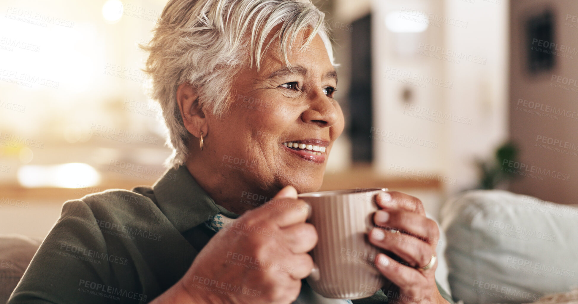 Buy stock photo Senior woman, home and thinking with coffee for peace, quiet and comfortable couch in retirement. Female person, nostalgia and contemplating with cappuccino for calm, hot chocolate and mindfulness