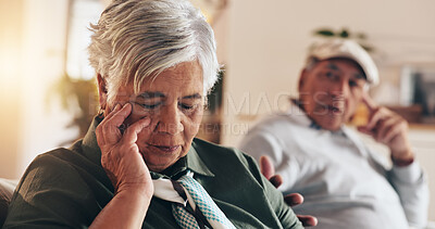 Buy stock photo House, ignore and senior couple with argument, divorce and conflict with stress, anxiety or fighting. Pensioner, apartment or mature man with elderly woman, relationship or frustrated with retirement