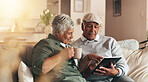 Retirement, old couple and smile for tablet, coffee and browsing for news, watch and bonding in morning. House, digital and senior people with app, subscription and relax in living room and happy