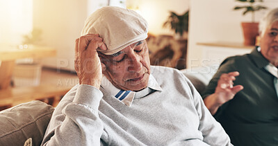 Buy stock photo House, fight and senior couple with argument, divorce and ignore with stress, anxiety and retirement. Pensioner, apartment and mature man with elderly woman, headache and frustrated with conflict