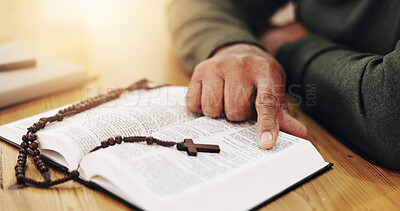 Buy stock photo Bible, reading and hands of person with gospel, studying and spiritual education by table. Praying, learning and christian testament with worship, book and praise for healing, faith and hope