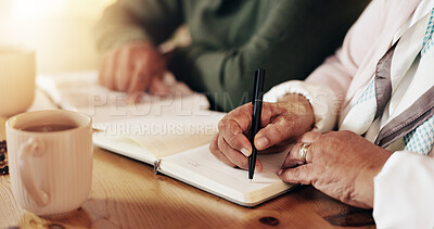 Buy stock photo Bible, couple and hands writing of woman with prayer, study and spiritual education by table. Praying, learning and christian testament with worship, book and praise for healing, faith and hope