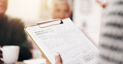 Buy stock photo Hands, person and paper for pension fund with information, law agreement or legal contract in nursing home. Finance advisor, application or elderly people with retirement plan for financial security