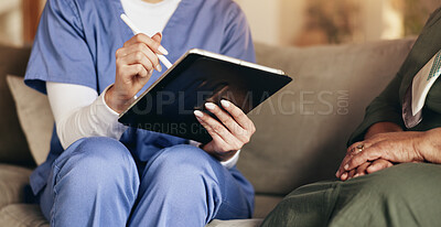 Buy stock photo Healthcare, hands and tablet with nurse and old person for results, occupational therapy and medical report. Helping others, volunteer and consulting with people in retirement home for update