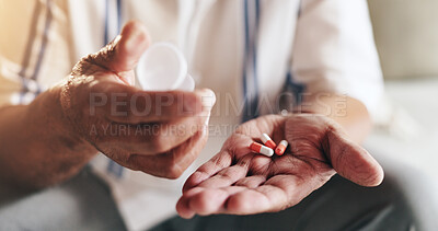 Buy stock photo Hands, capsule and bottle in closeup for person with drugs, routine and schedule for health in home. Elderly patient, pills and pharma product for supplements, wellness and benefits in retirement