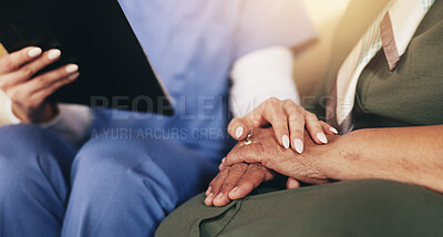 Buy stock photo Nurse, holding hands and comfort with tablet in home with results, news or update with medical report. People. caregiver and digital touchscreen with consultation, healthcare and support with app