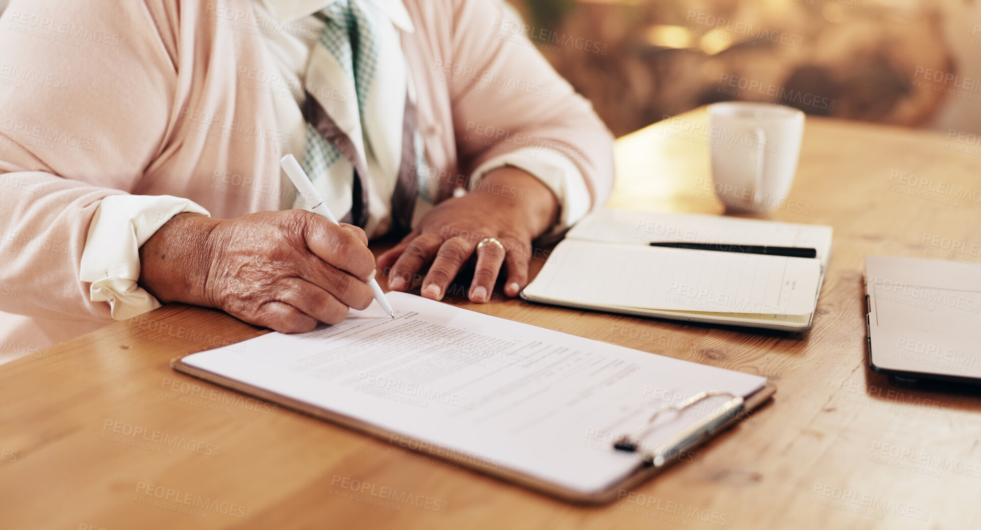 Buy stock photo Hands, signature and senior woman with application for retirement investment plan with budget. Document, writing and elderly female person with financial form for pension fund payout at home.