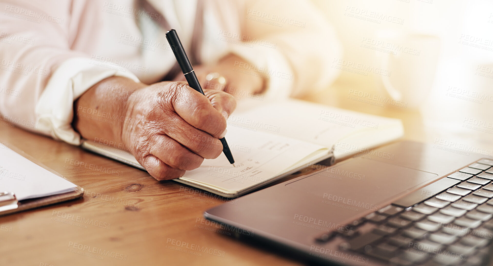 Buy stock photo Hands, senior person and writing at laptop for planning, retirement budget and medical appointment schedule. Elderly woman, notes and tech in nursing home for personal finance, reminder and checklist