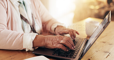 Buy stock photo Hands, house and old woman with laptop, typing and keyboard with internet, connection and savings. Mature person, closeup and pensioner with computer, retirement and planning with email notification