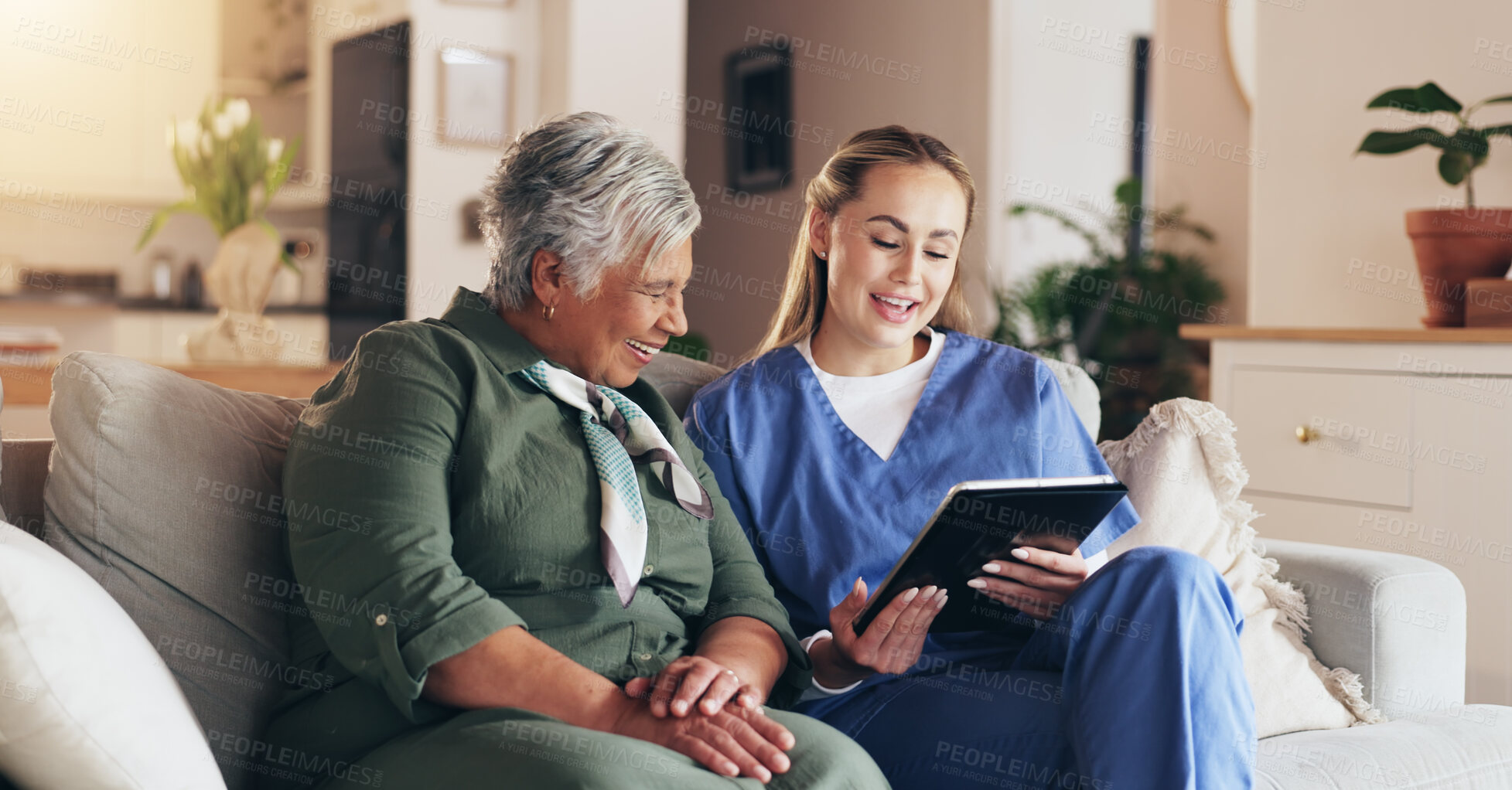 Buy stock photo Nurse, tablet and conversation with senior woman in home with results, news and listen to medical report on sofa. People. caregiver and digital touchscreen with smile, consulting and telehealth app