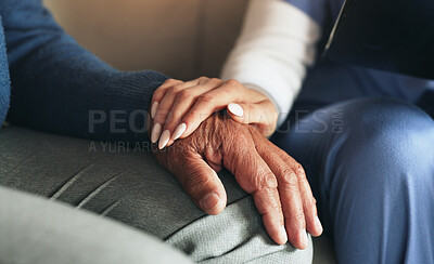 Buy stock photo Hands, nurse and senior man with support, compassion and healthcare with retirement. Closeup, medical and professional with patient, pensioner or wellness with dementia, home or empathy with sympathy