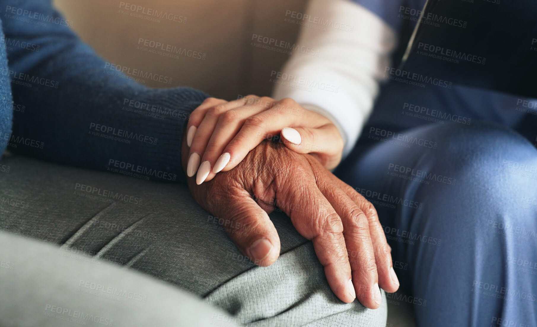 Buy stock photo Hands, nurse and senior man with support, compassion and healthcare with retirement. Closeup, medical and professional with patient, pensioner or wellness with dementia, home or empathy with sympathy