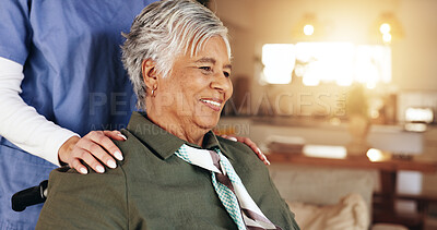 Buy stock photo Senior woman, nurse and comfort in wheelchair with smile, reflection and connection in morning. Caregiver, happy and elderly person with disability in recovery, rehabilitation and progress in home